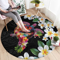Hawaiian Lei Day Round Carpet Plumeria and Turtle with Polynesian Tribal Pattern