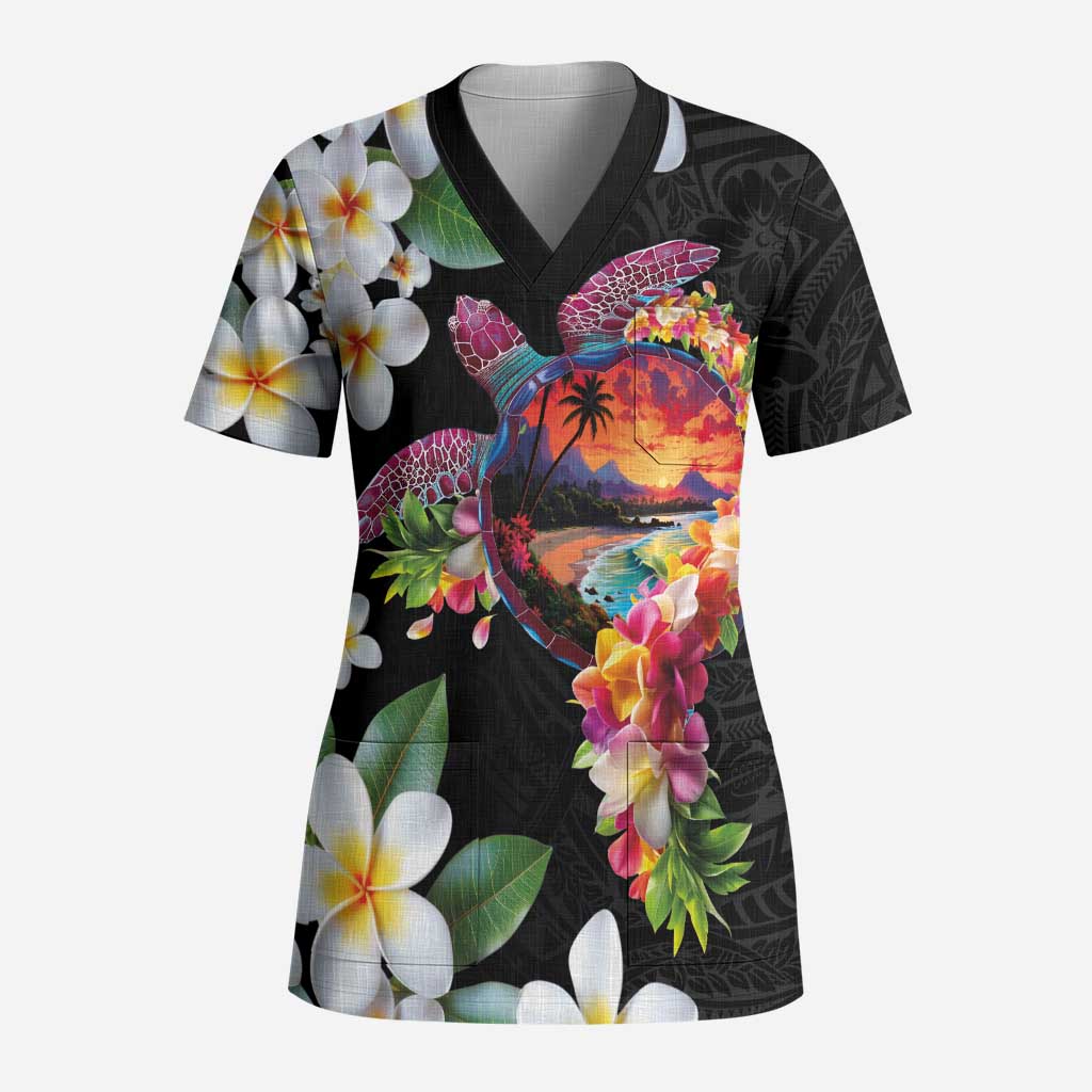 Hawaiian Lei Day Scrub Top Plumeria and Turtle with Polynesian Tribal Pattern - Polynesian Pride