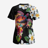 Hawaiian Lei Day Scrub Top Plumeria and Turtle with Polynesian Tribal Pattern - Polynesian Pride