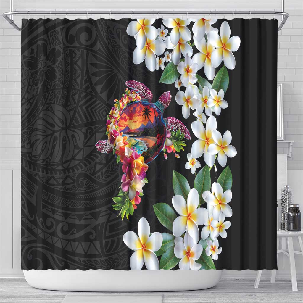 Hawaiian Lei Day Shower Curtain Plumeria and Turtle with Polynesian Tribal Pattern
