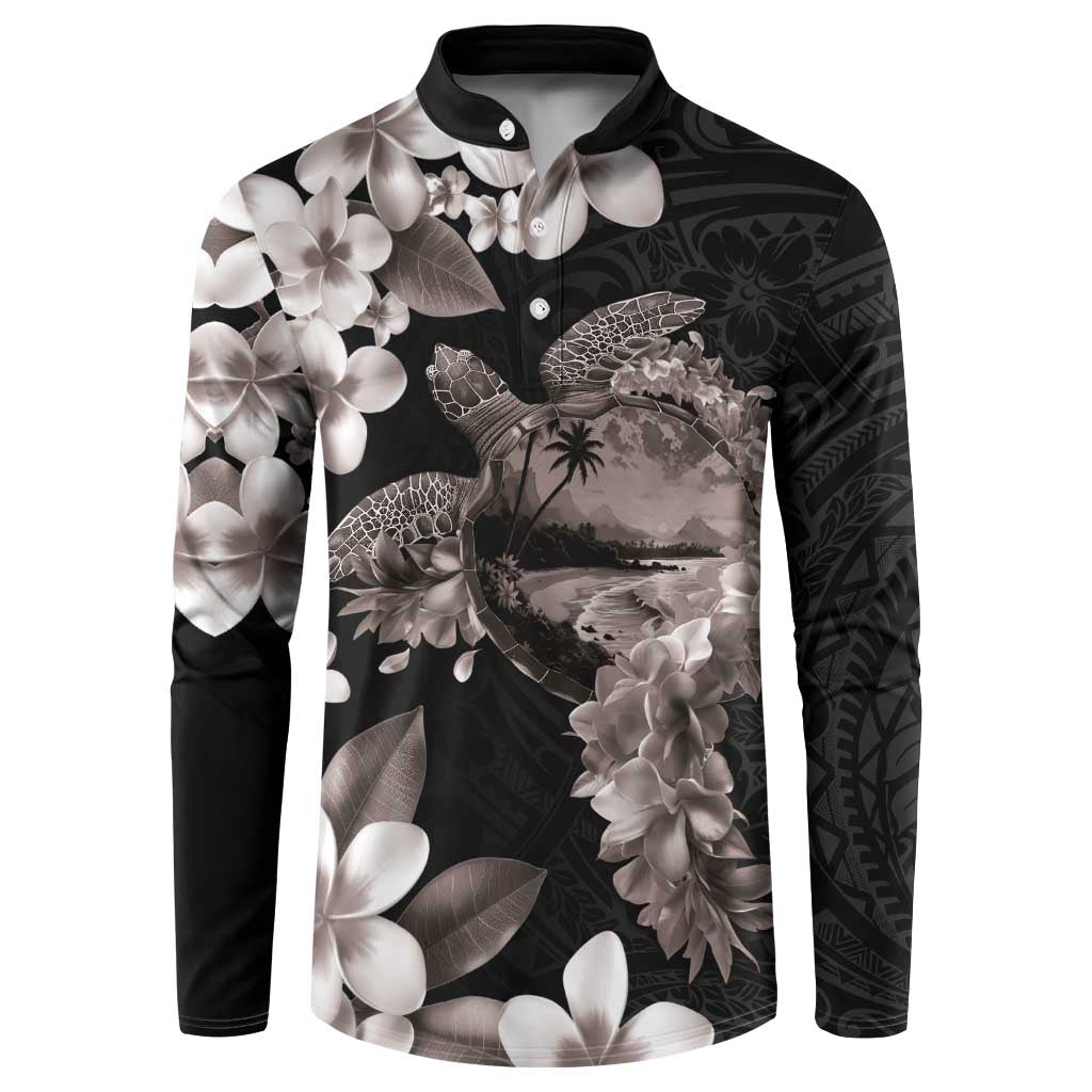Hawaiian Lei Day Button Sweatshirt Plumeria and Turtle with Polynesian Tribal Pattern Grayscale Color LT03 Black - Polynesian Pride