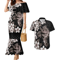 Hawaiian Lei Day Couples Matching Mermaid Dress and Hawaiian Shirt Plumeria and Turtle with Polynesian Tribal Pattern Grayscale Color