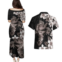 Hawaiian Lei Day Couples Matching Puletasi and Hawaiian Shirt Plumeria and Turtle with Polynesian Tribal Pattern Grayscale Color LT03 - Polynesian Pride