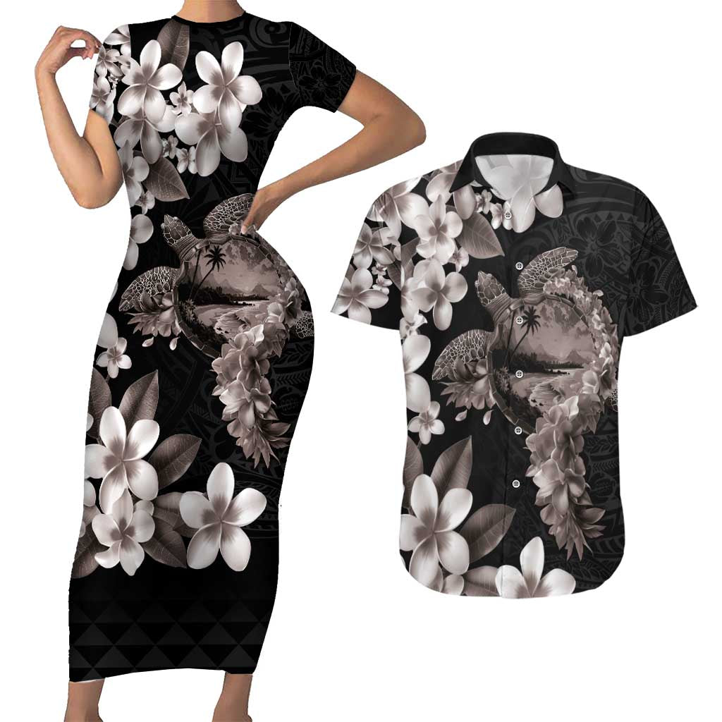 Hawaiian Lei Day Couples Matching Short Sleeve Bodycon Dress and Hawaiian Shirt Plumeria and Turtle with Polynesian Tribal Pattern Grayscale Color
