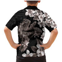 Hawaiian Lei Day Family Matching Mermaid Dress and Hawaiian Shirt Plumeria and Turtle with Polynesian Tribal Pattern Grayscale Color