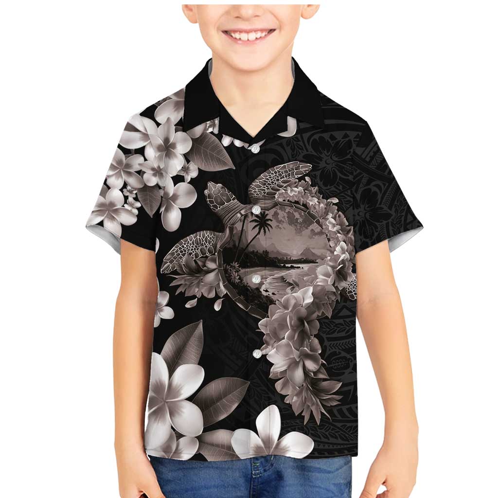 Hawaiian Lei Day Family Matching Mermaid Dress and Hawaiian Shirt Plumeria and Turtle with Polynesian Tribal Pattern Grayscale Color