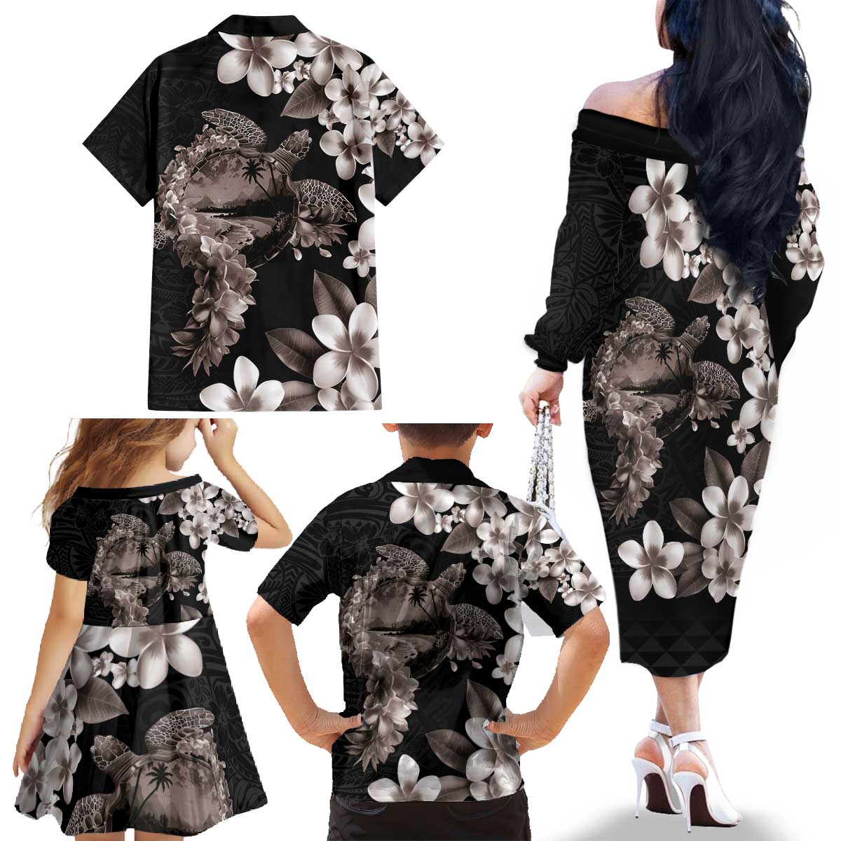 Hawaiian Lei Day Family Matching Off The Shoulder Long Sleeve Dress and Hawaiian Shirt Plumeria and Turtle with Polynesian Tribal Pattern Grayscale Color