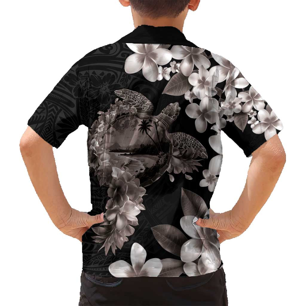 Hawaiian Lei Day Family Matching Puletasi and Hawaiian Shirt Plumeria and Turtle with Polynesian Tribal Pattern Grayscale Color