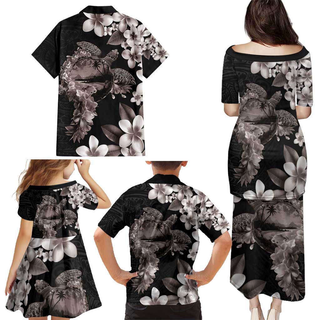 Hawaiian Lei Day Family Matching Puletasi and Hawaiian Shirt Plumeria and Turtle with Polynesian Tribal Pattern Grayscale Color