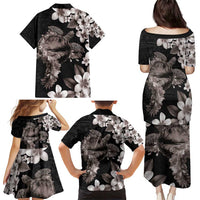 Hawaiian Lei Day Family Matching Puletasi and Hawaiian Shirt Plumeria and Turtle with Polynesian Tribal Pattern Grayscale Color