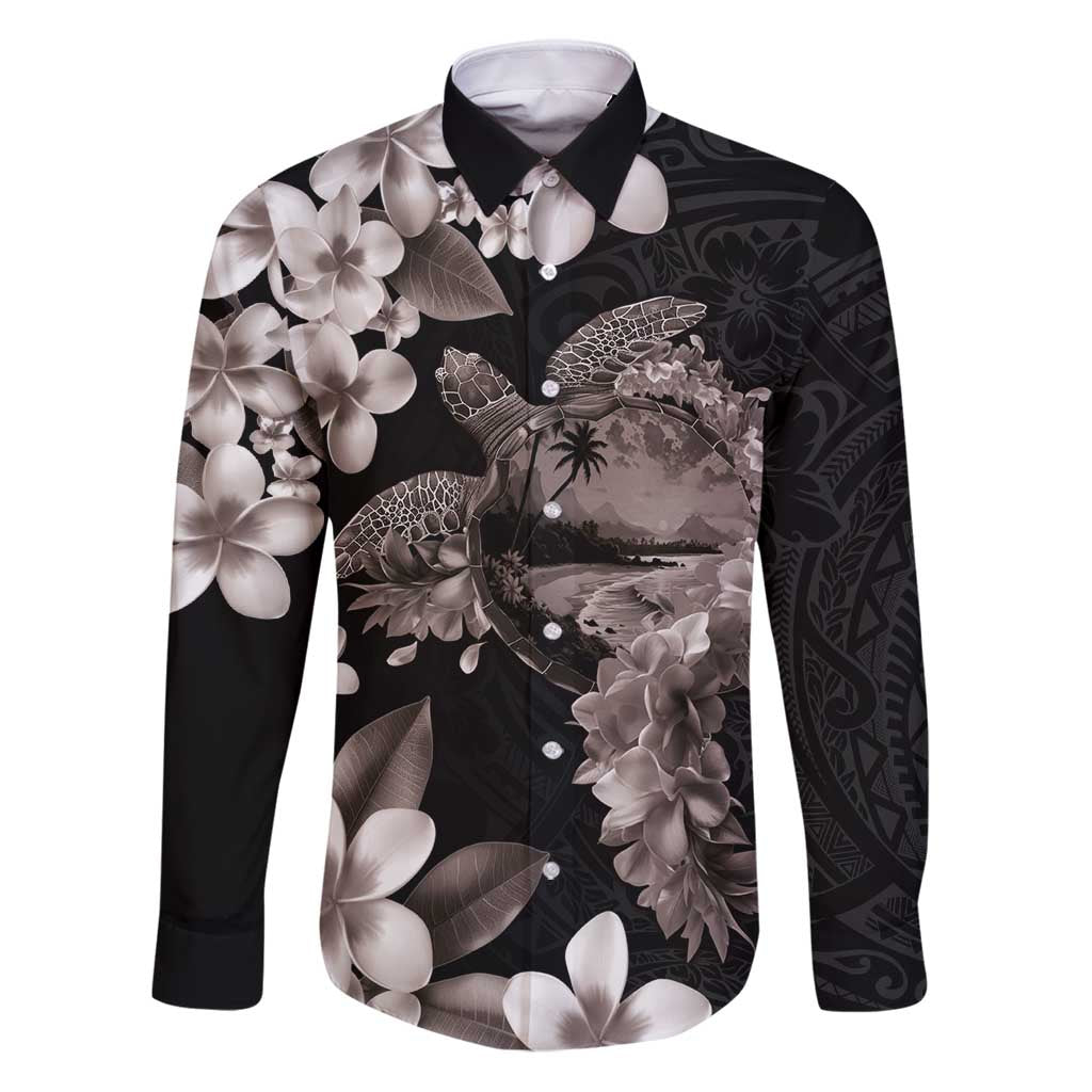 Hawaiian Lei Day Family Matching Puletasi and Hawaiian Shirt Plumeria and Turtle with Polynesian Tribal Pattern Grayscale Color