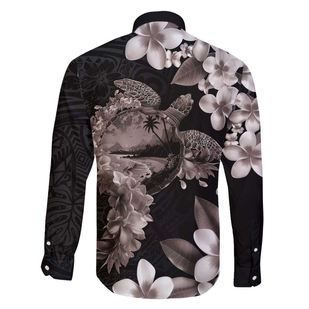 Hawaiian Lei Day Family Matching Puletasi and Hawaiian Shirt Plumeria and Turtle with Polynesian Tribal Pattern Grayscale Color