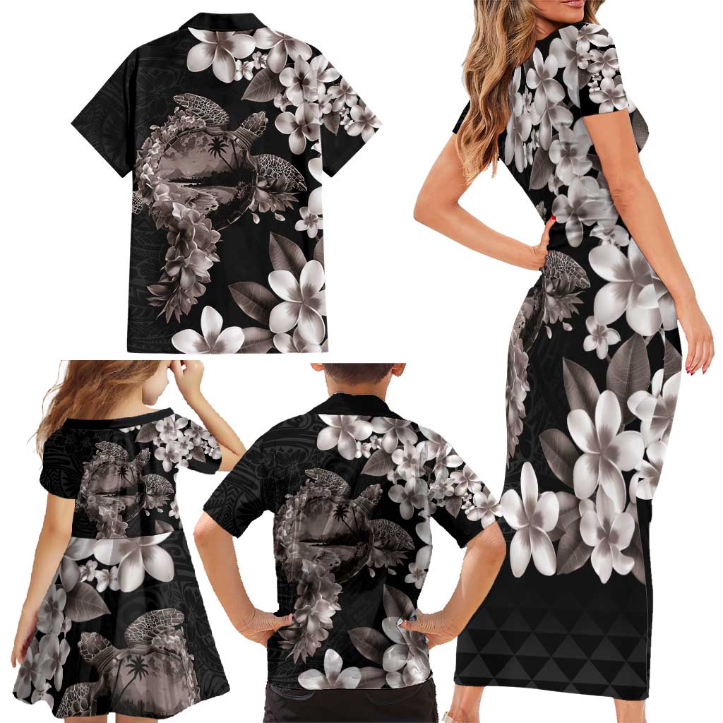 Hawaiian Lei Day Family Matching Short Sleeve Bodycon Dress and Hawaiian Shirt Plumeria and Turtle with Polynesian Tribal Pattern Grayscale Color