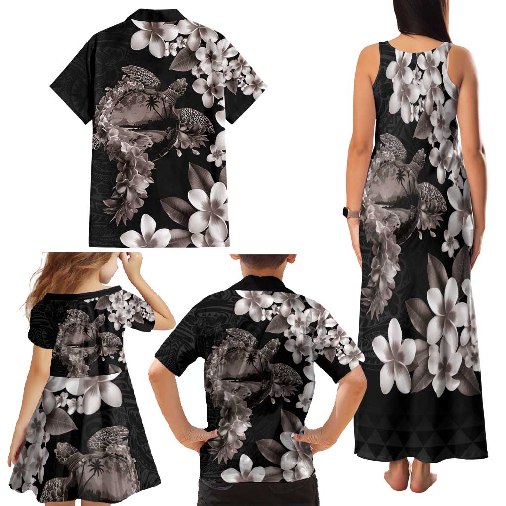 Hawaiian Lei Day Family Matching Tank Maxi Dress and Hawaiian Shirt Plumeria and Turtle with Polynesian Tribal Pattern Grayscale Color