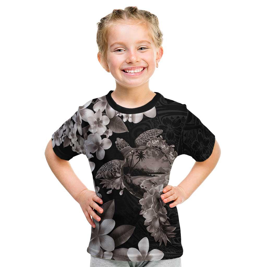 Hawaiian Lei Day Kid T Shirt Plumeria and Turtle with Polynesian Tribal Pattern Grayscale Color LT03 Black - Polynesian Pride