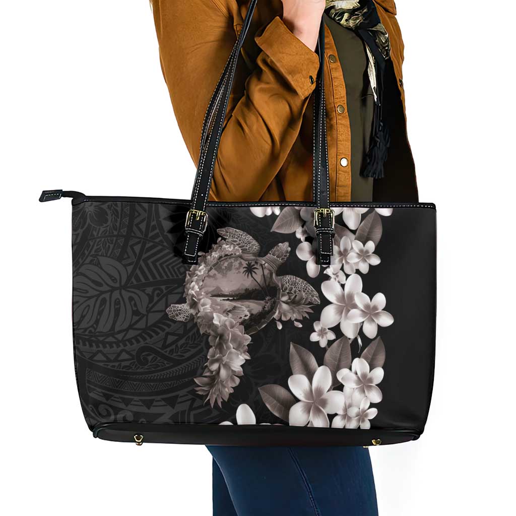 Hawaiian Lei Day Leather Tote Bag Plumeria and Turtle with Polynesian Tribal Pattern Grayscale Color