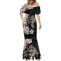 Hawaiian Lei Day Mermaid Dress Plumeria and Turtle with Polynesian Tribal Pattern Grayscale Color