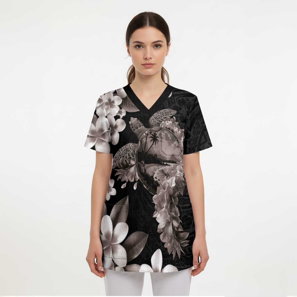 Hawaiian Lei Day Scrub Top Plumeria and Turtle with Polynesian Tribal Pattern Grayscale Color - Polynesian Pride