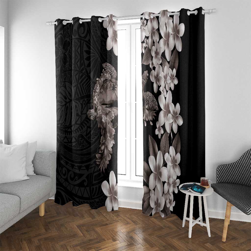Hawaiian Lei Day Window Curtain Plumeria and Turtle with Polynesian Tribal Pattern Grayscale Color