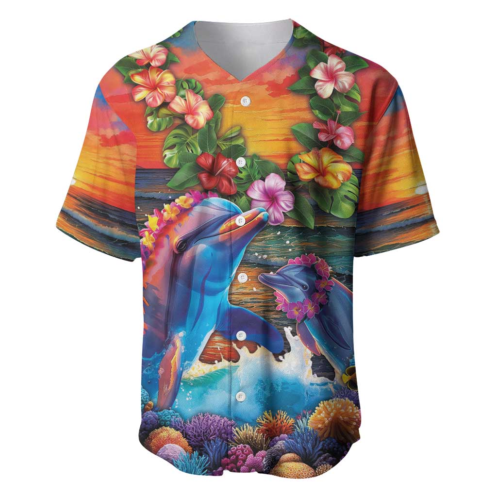 Hawaiian Lei Day Baseball Jersey Dolphins with Colorful Corals and Romantic Sunset LT03 Orange - Polynesian Pride
