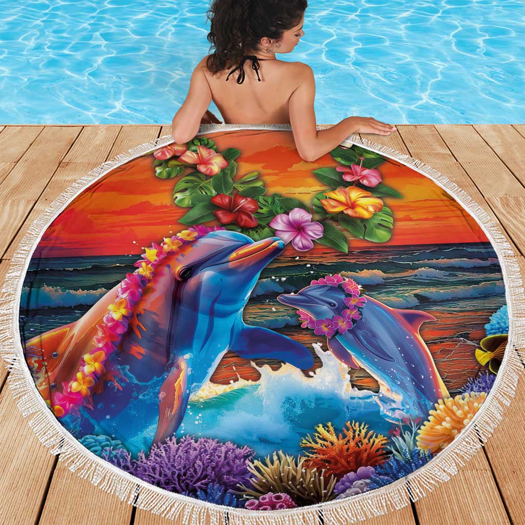 Hawaiian Lei Day Beach Blanket Dolphins with Colorful Corals and Romantic Sunset
