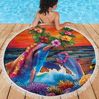 Hawaiian Lei Day Beach Blanket Dolphins with Colorful Corals and Romantic Sunset