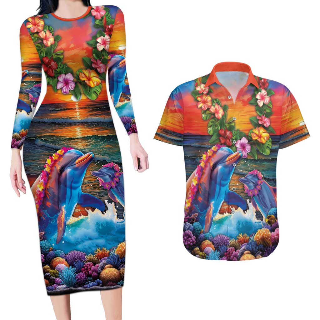 Hawaiian Lei Day Couples Matching Long Sleeve Bodycon Dress and Hawaiian Shirt Dolphins with Colorful Corals and Romantic Sunset
