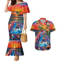 Hawaiian Lei Day Couples Matching Mermaid Dress and Hawaiian Shirt Dolphins with Colorful Corals and Romantic Sunset