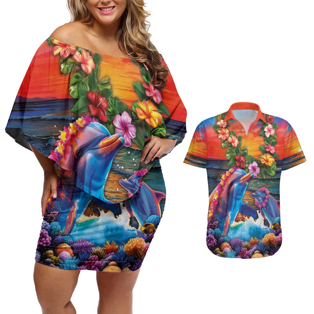 Hawaiian Lei Day Couples Matching Off Shoulder Short Dress and Hawaiian Shirt Dolphins with Colorful Corals and Romantic Sunset