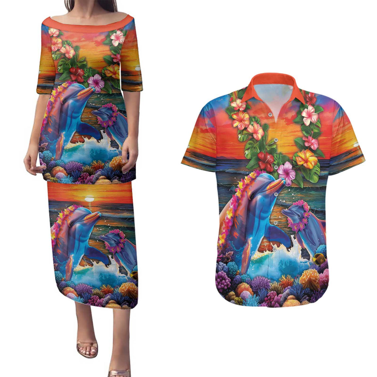 Hawaiian Lei Day Couples Matching Puletasi and Hawaiian Shirt Dolphins with Colorful Corals and Romantic Sunset LT03 Orange - Polynesian Pride