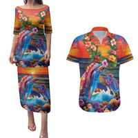 Hawaiian Lei Day Couples Matching Puletasi and Hawaiian Shirt Dolphins with Colorful Corals and Romantic Sunset LT03 Orange - Polynesian Pride