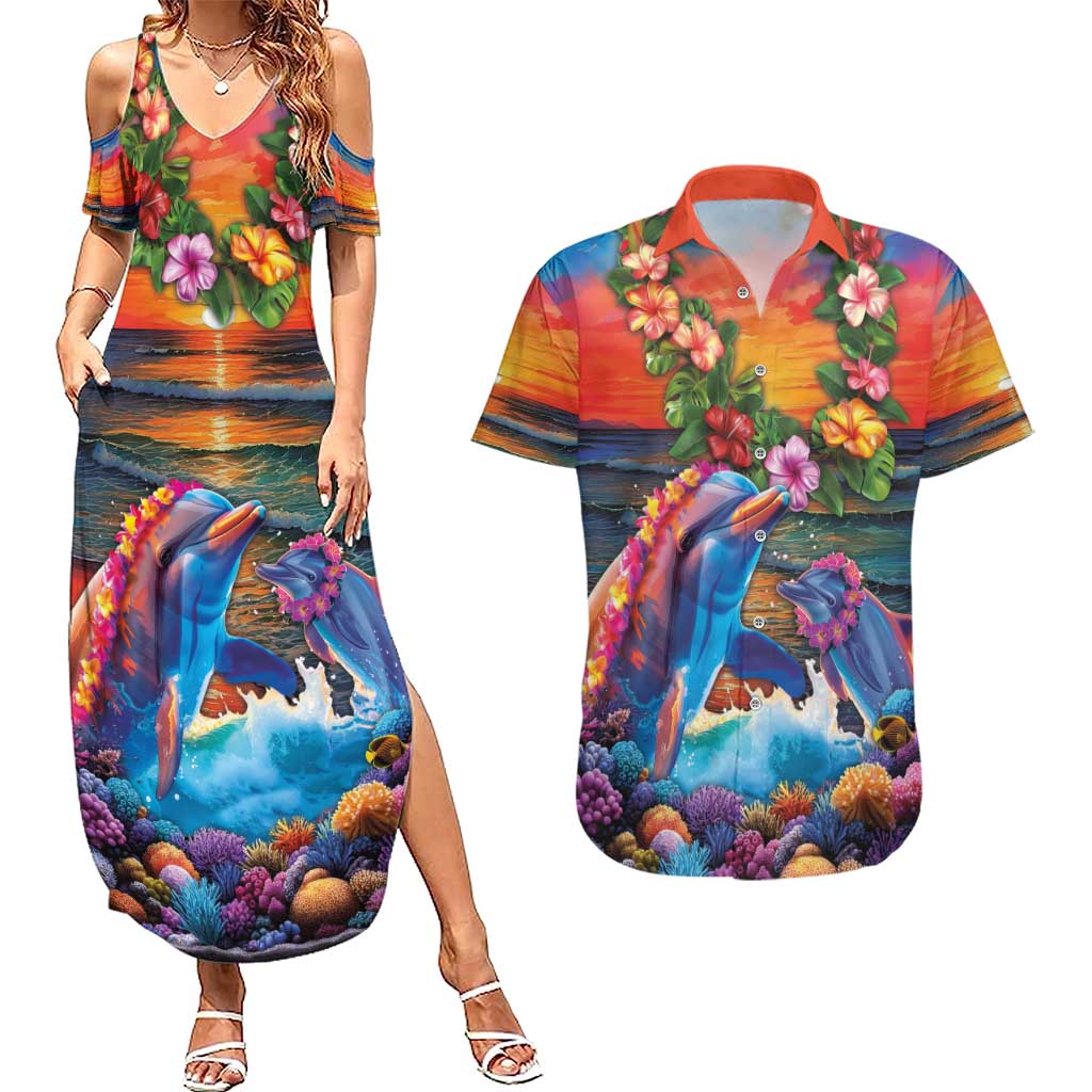 Hawaiian Lei Day Couples Matching Summer Maxi Dress and Hawaiian Shirt Dolphins with Colorful Corals and Romantic Sunset