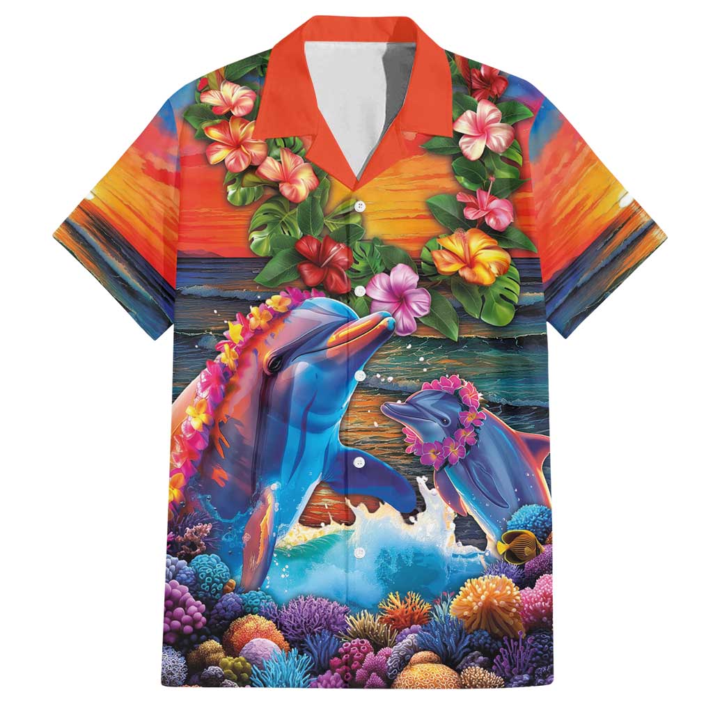 Hawaiian Lei Day Family Matching Long Sleeve Bodycon Dress and Hawaiian Shirt Dolphins with Colorful Corals and Romantic Sunset
