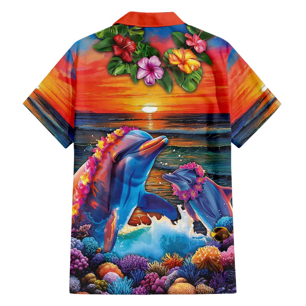 Hawaiian Lei Day Family Matching Long Sleeve Bodycon Dress and Hawaiian Shirt Dolphins with Colorful Corals and Romantic Sunset