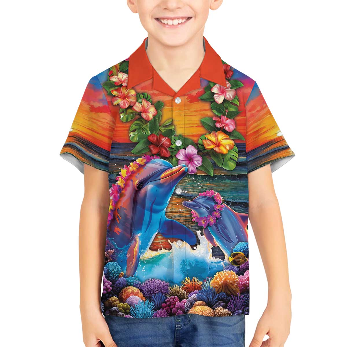 Hawaiian Lei Day Family Matching Off The Shoulder Long Sleeve Dress and Hawaiian Shirt Dolphins with Colorful Corals and Romantic Sunset