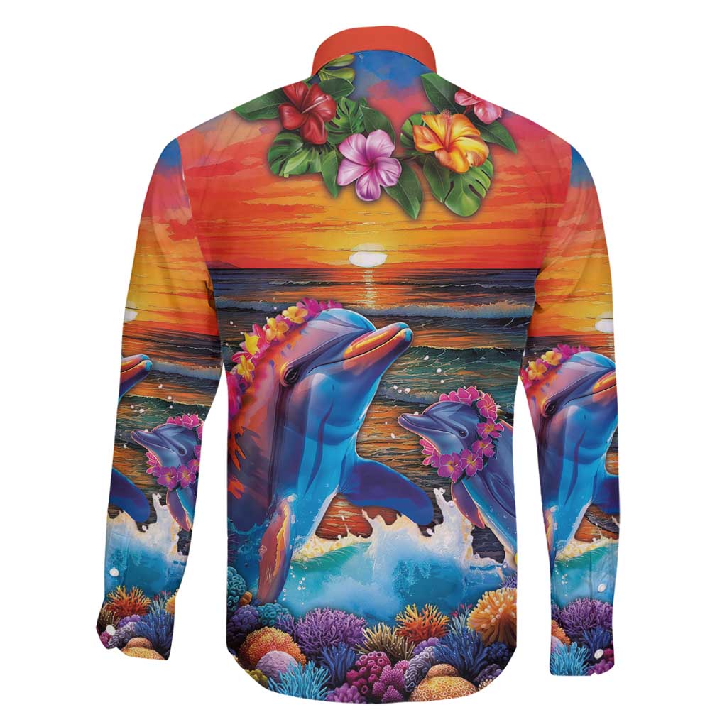 Hawaiian Lei Day Family Matching Off Shoulder Maxi Dress and Hawaiian Shirt Dolphins with Colorful Corals and Romantic Sunset