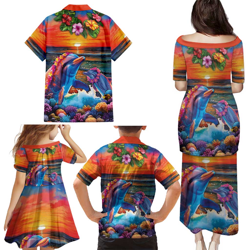 Hawaiian Lei Day Family Matching Puletasi and Hawaiian Shirt Dolphins with Colorful Corals and Romantic Sunset LT03 - Polynesian Pride