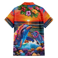 Hawaiian Lei Day Family Matching Puletasi and Hawaiian Shirt Dolphins with Colorful Corals and Romantic Sunset LT03 - Polynesian Pride