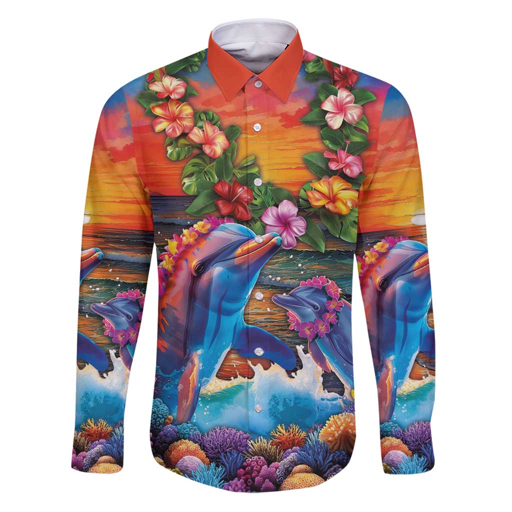 Hawaiian Lei Day Family Matching Puletasi and Hawaiian Shirt Dolphins with Colorful Corals and Romantic Sunset LT03 Dad's Shirt - Long Sleeve Orange - Polynesian Pride