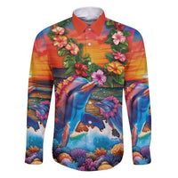 Hawaiian Lei Day Family Matching Puletasi and Hawaiian Shirt Dolphins with Colorful Corals and Romantic Sunset LT03 Dad's Shirt - Long Sleeve Orange - Polynesian Pride