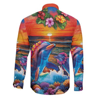 Hawaiian Lei Day Family Matching Puletasi and Hawaiian Shirt Dolphins with Colorful Corals and Romantic Sunset LT03 - Polynesian Pride