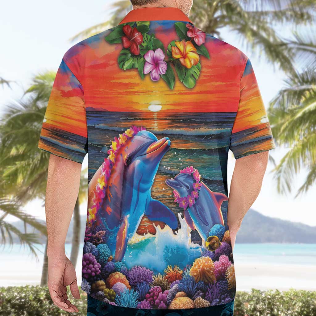 Hawaiian Lei Day Hawaiian Shirt Dolphins with Colorful Corals and Romantic Sunset
