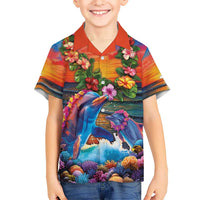 Hawaiian Lei Day Kid Hawaiian Shirt Dolphins with Colorful Corals and Romantic Sunset LT03 Kid Orange - Polynesian Pride