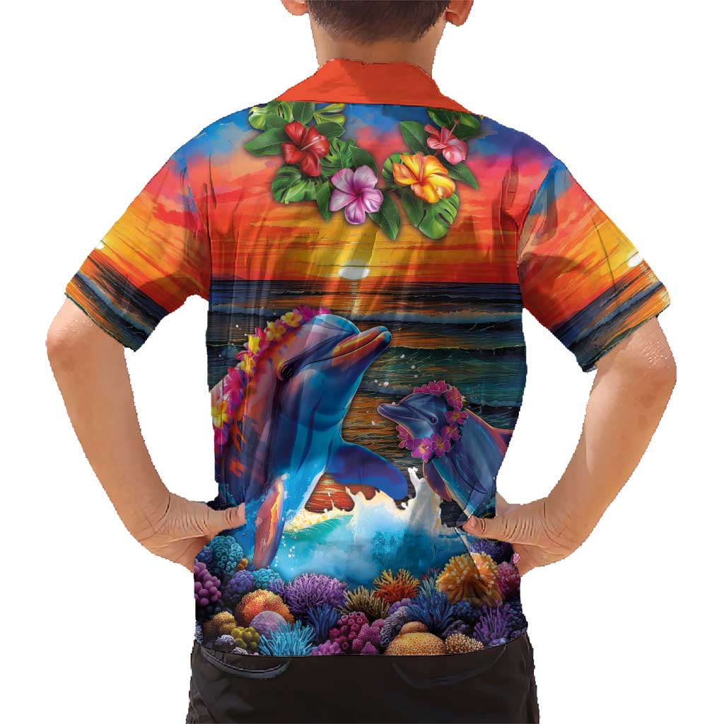 Hawaiian Lei Day Kid Hawaiian Shirt Dolphins with Colorful Corals and Romantic Sunset LT03 - Polynesian Pride