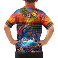 Hawaiian Lei Day Kid Hawaiian Shirt Dolphins with Colorful Corals and Romantic Sunset LT03 - Polynesian Pride