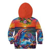 Hawaiian Lei Day Kid Hoodie Dolphins with Colorful Corals and Romantic Sunset