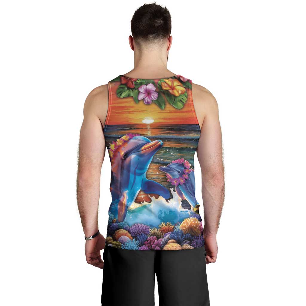 Hawaiian Lei Day Men Tank Top Dolphins with Colorful Corals and Romantic Sunset