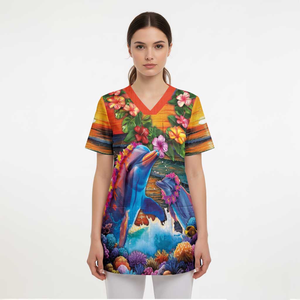 Hawaiian Lei Day Scrub Top Dolphins with Colorful Corals and Romantic Sunset - Polynesian Pride