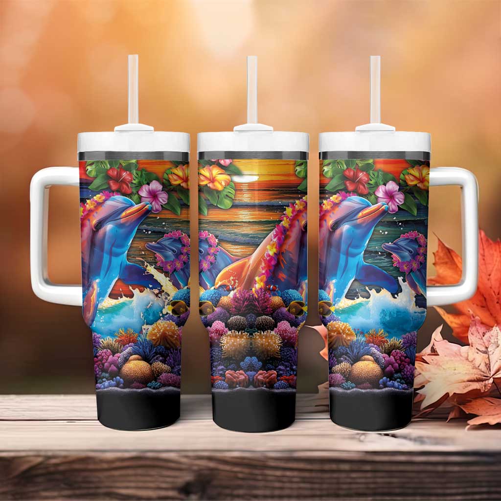 Hawaiian Lei Day Tumbler With Handle Dolphins with Colorful Corals and Romantic Sunset