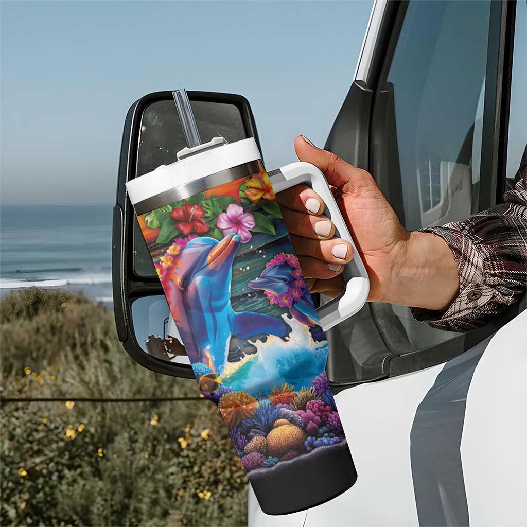 Hawaiian Lei Day Tumbler With Handle Dolphins with Colorful Corals and Romantic Sunset